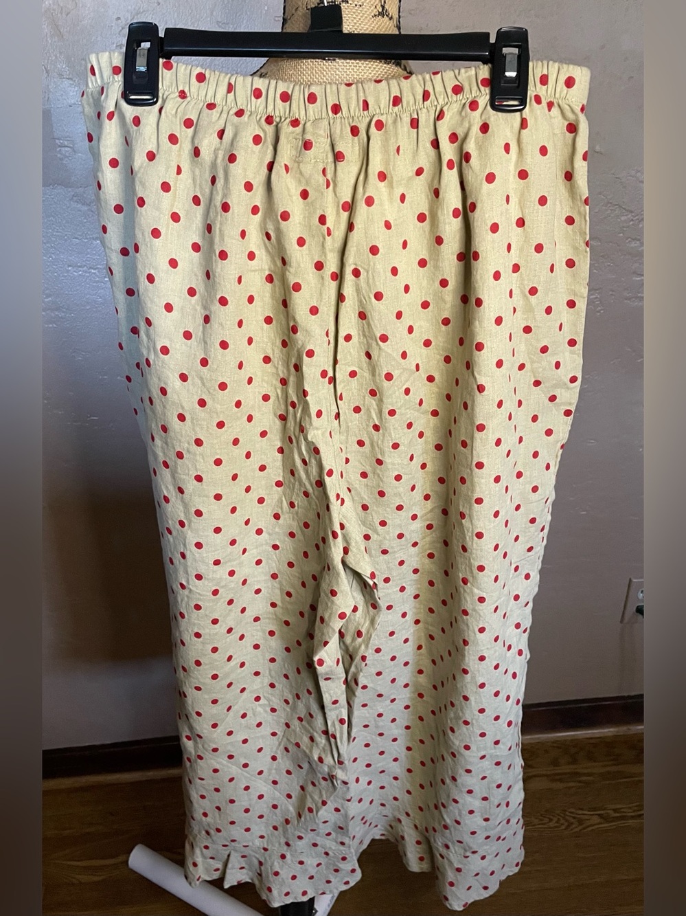 Flax Linen Cream Pants with Red Polka Dots comfort and style Large